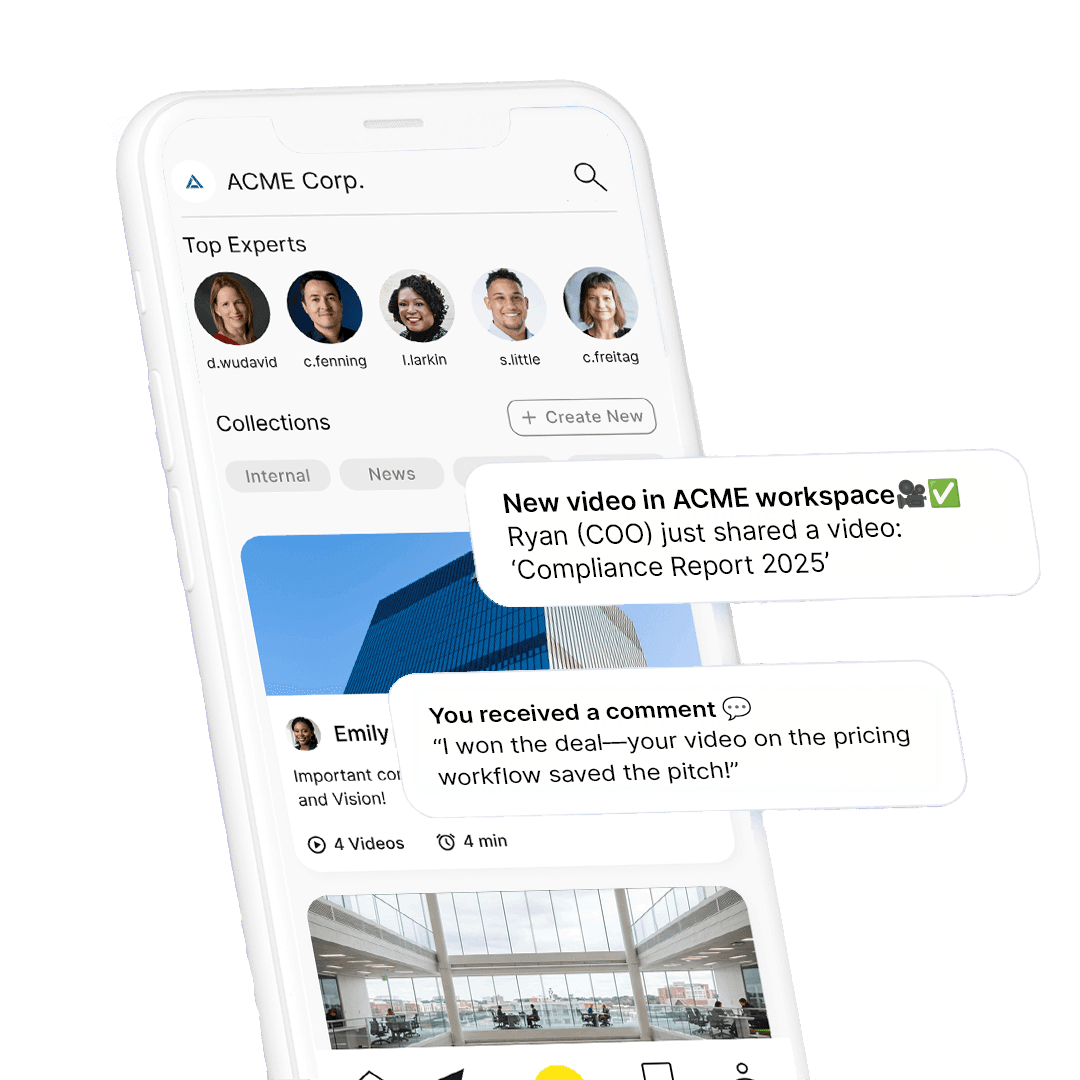 Phone showing ACME Corp workspace with top experts, video collections, and notification toasts