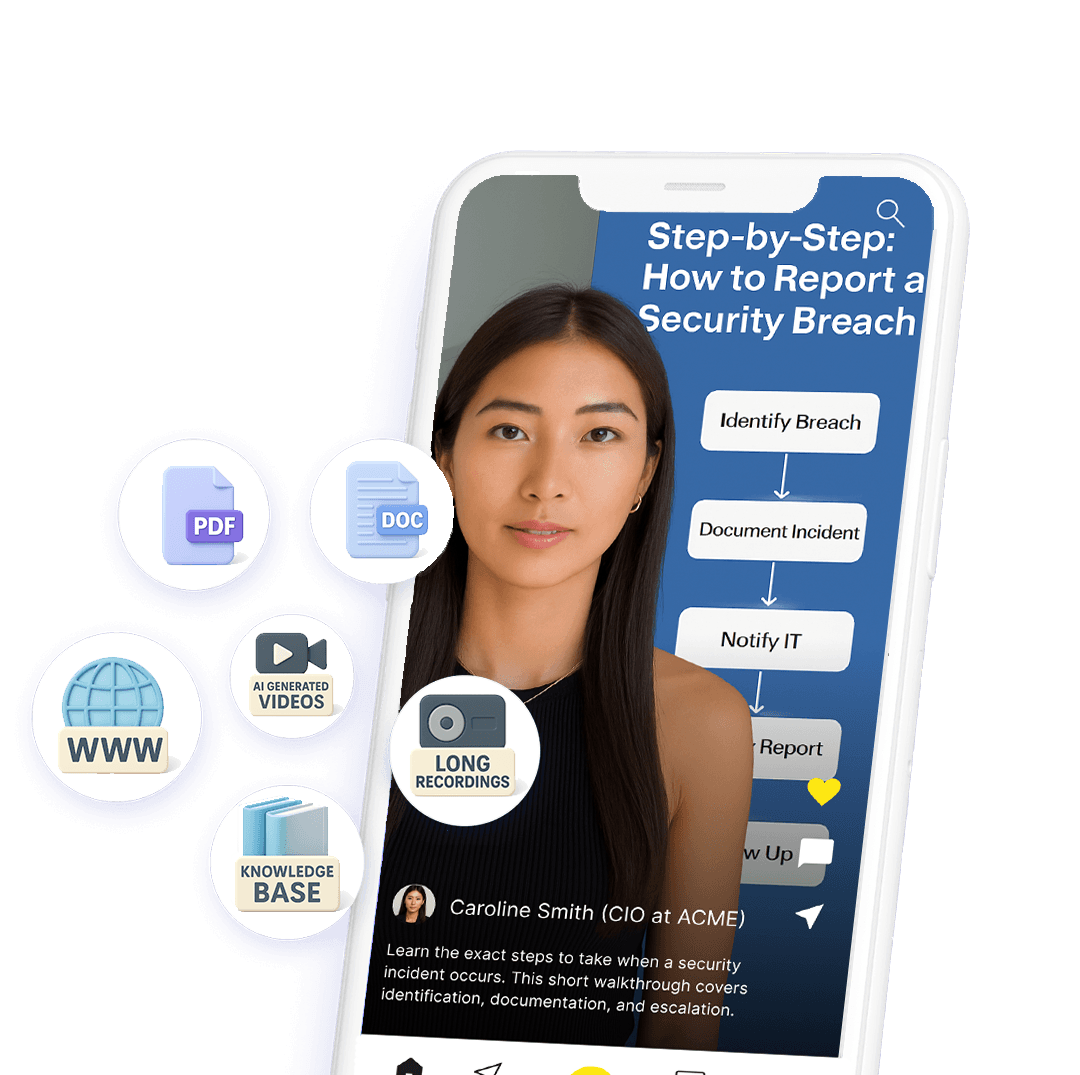 Phone showing a step-by-step security breach AI video with floating content source icons
